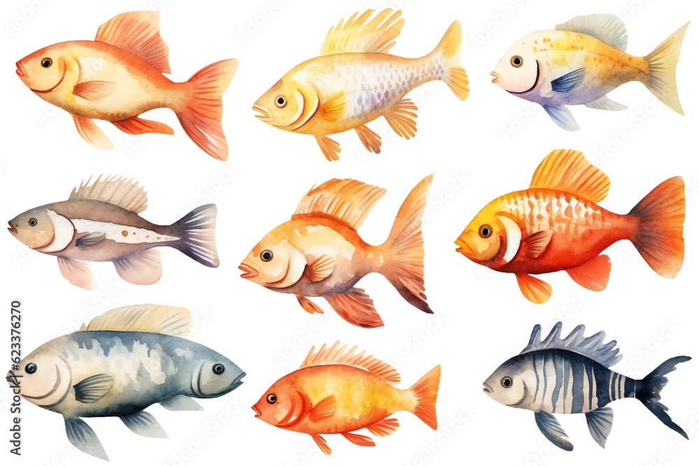Watercolor fish clip art on white background Generative AI