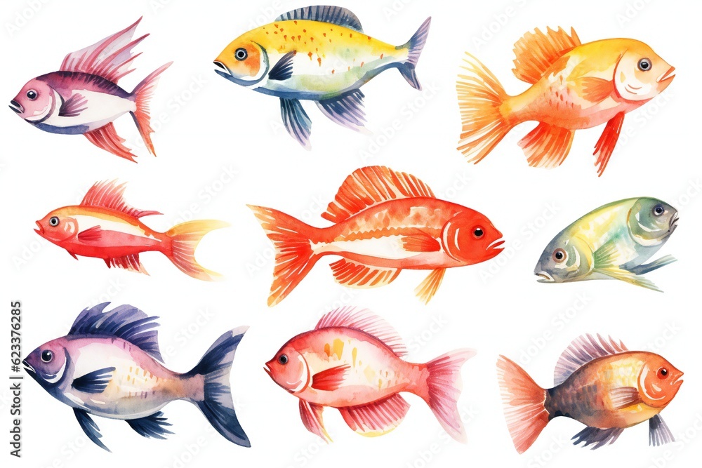 Watercolor fish clip art on white background Generative AI Watercolor fish clip art on white background Generative AI