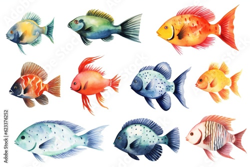 Watercolor fish clip art on white background Generative AI