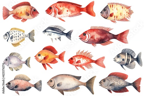 Watercolor fish clip art on white background Generative AI