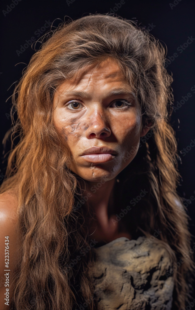 Close-up portrait of a prehistoric woman