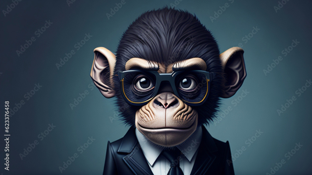 Cartoon monkey in business suit and glasses on dark background. Cartoon monkey in business suit and glasses on dark background.