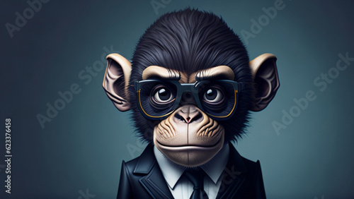 Cartoon monkey in business suit and glasses on dark background. © MrBaks