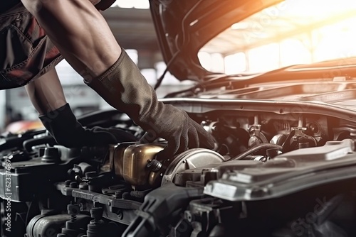 Obraz na plátne Auto mechanic working on car broken engine in mechanics service or garage
