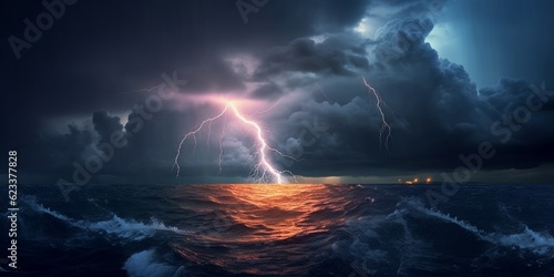 Storm in ocean with lighting natural disaster phenomenon, AI Generated