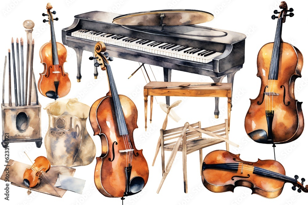 Fototapeta premium Watercolor music instruments clip art on white background Generative AI