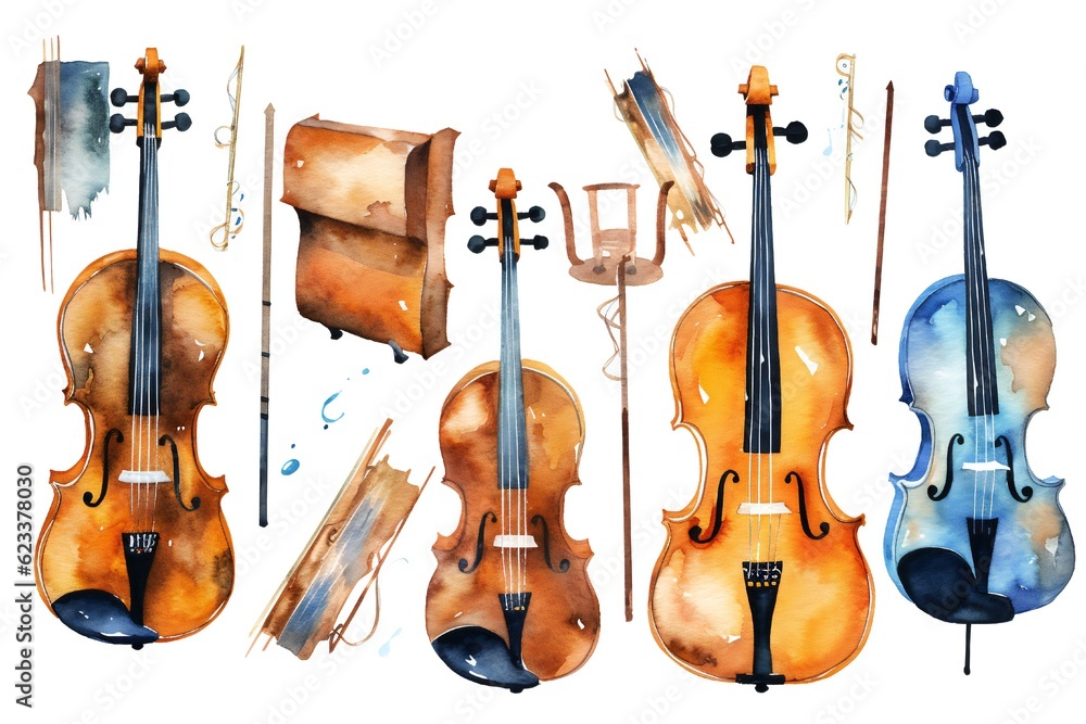 Naklejka premium Watercolor music instruments clip art on white background Generative AI