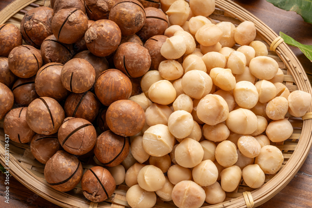 Roasted Macadamia nut in wooden plate on wooden background. Roasted Macadamia nut in wooden plate on wooden background.