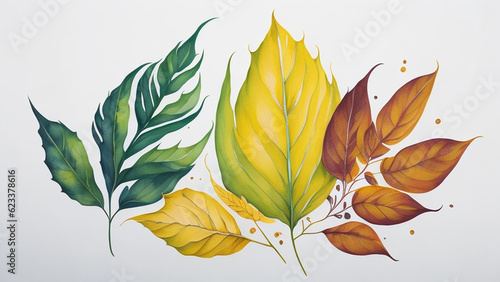 Watercolor autumn leaves on white background.