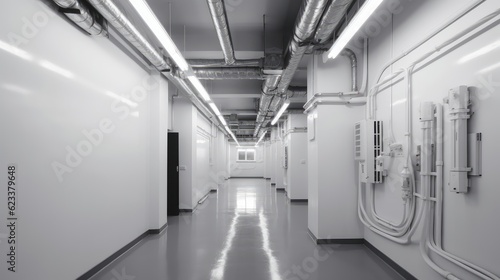 A corridor with white walls and pipes on the ceiling. Generative AI