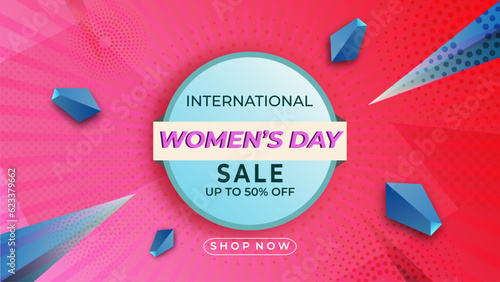 Womens day holiday celebration sale banner flyer or greeting card concept design vector illustration with pink color. 
