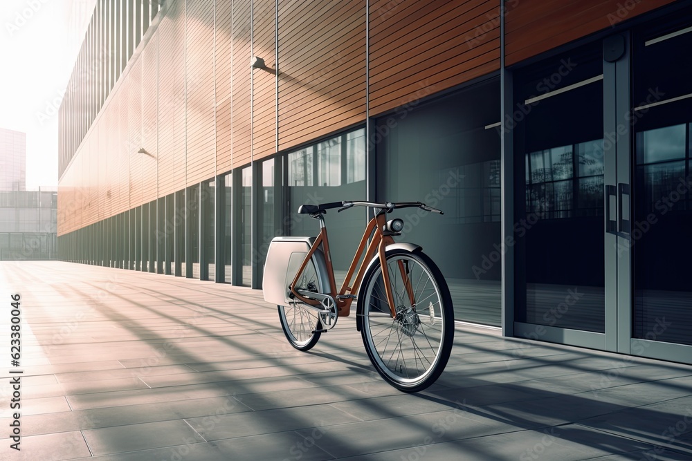 Modern electric white bicycle in front of the modern office glass building on sunny autumn day Modern electric white bicycle in front of the modern office glass building on sunny autumn day