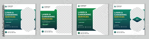 Lawn or gardening service social media post and web banner template.
Lawn care or gardening landscaping service bundle Instagram post.