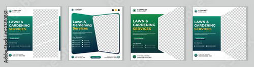Lawn or gardening service social media post and web banner template.
Lawn care or gardening landscaping service bundle Instagram post.