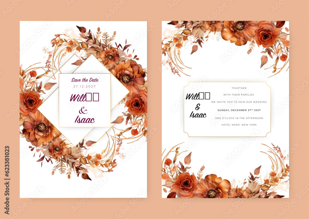 Fototapeta premium Beautiful floral wedding invitation template with flower and leaves decoration