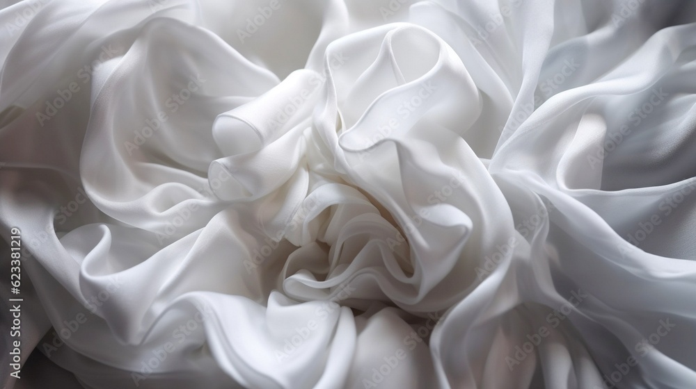 Fototapeta premium Closeup of rippled white silk fabric texture background, studio shot. Generative AI.