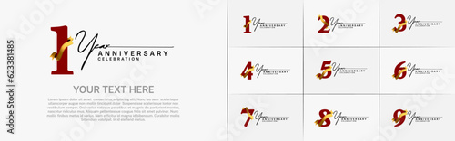 set of anniversary logo with red number and golden ribbon can be use for celebration