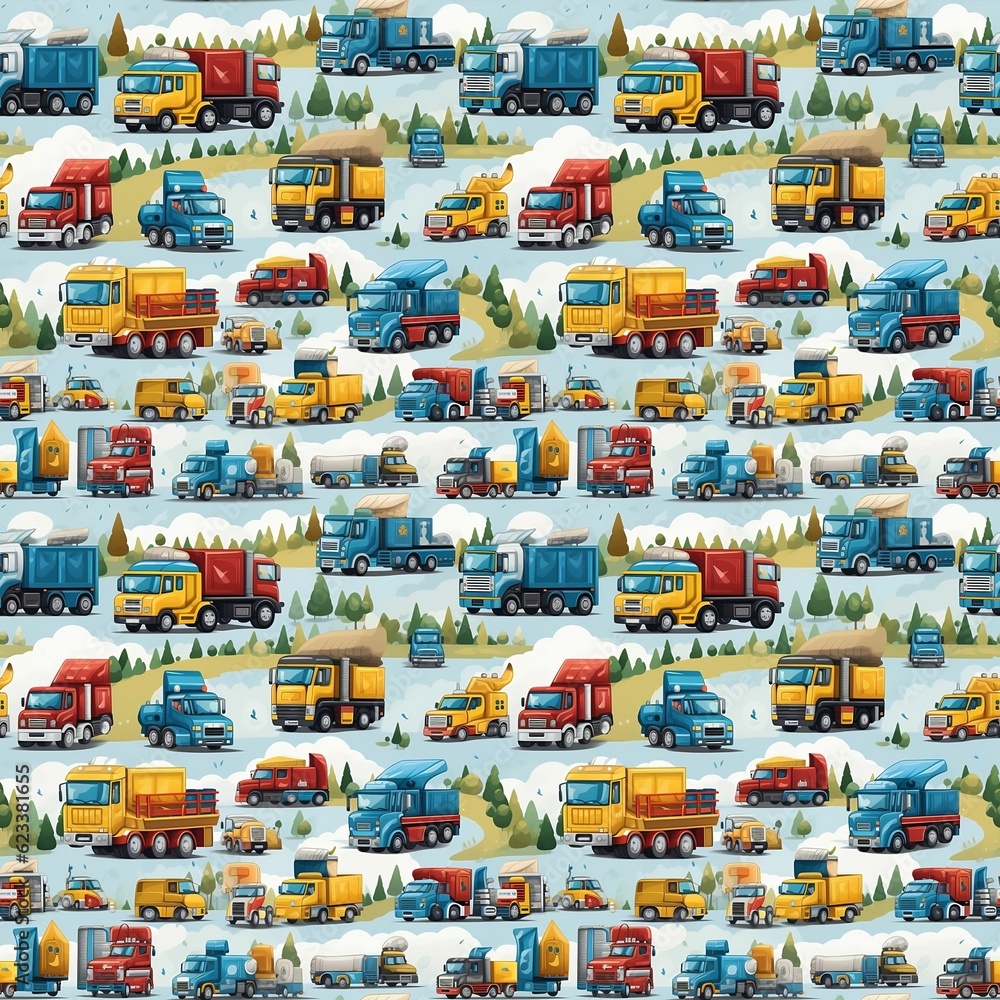 Lots of different types of trucks naive art style