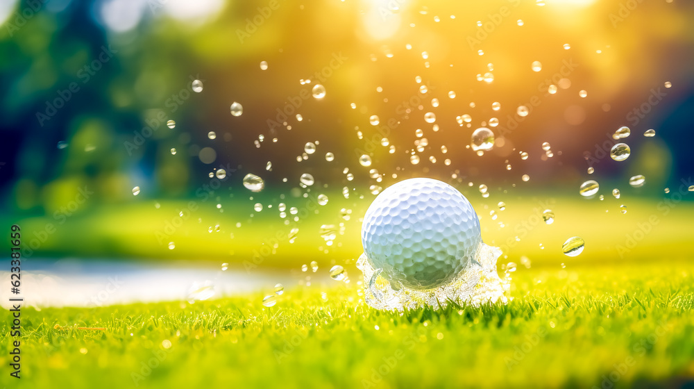 golf ball hitting the lawn causes a splash of water drops, sunset, made