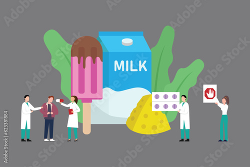 Doctor Give Pills to Patient for Treat Allergy on Milk Food, Lactose Intolerance 2d vector illustration concept for banner, website, illustration, landing page, flyer, etc.