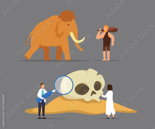 cave man with mammoth and archaeologists 2d vector illustration concept for banner, website, illustration, landing page, flyer, etc.