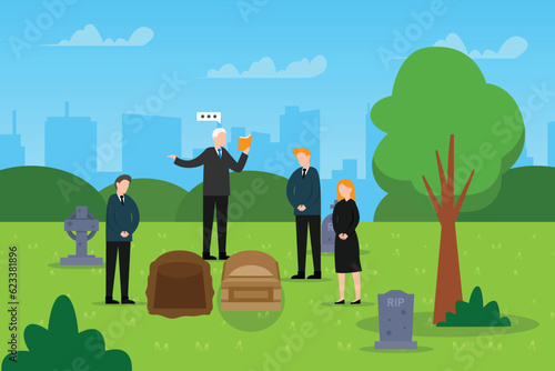 funerary ceremonial group of sad people in black mourning clothes standing near coffin in graveyard 2d vector illustration concept for banner, website, illustration, landing page, flyer, etc.