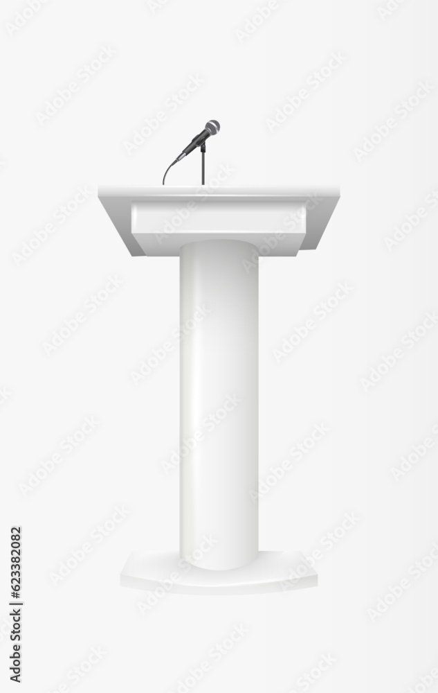 White Podium Tribune Rostrum Stands with Microphones. Podium tribune with microphones isolated for business presentation, conference. Vector White Podium Tribune Rostrum Stands with Microphones. Podium tribune with microphones isolated for business presentation, conference. Vector