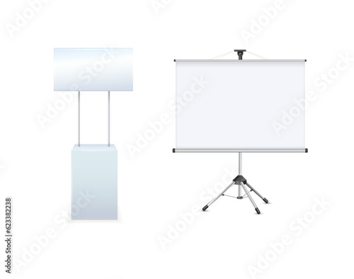 Advertising promotional stands. Realistic modern simple rack or counters multiple promotional desk with sign top clean empty promo tables with signboard white mockup. Vector