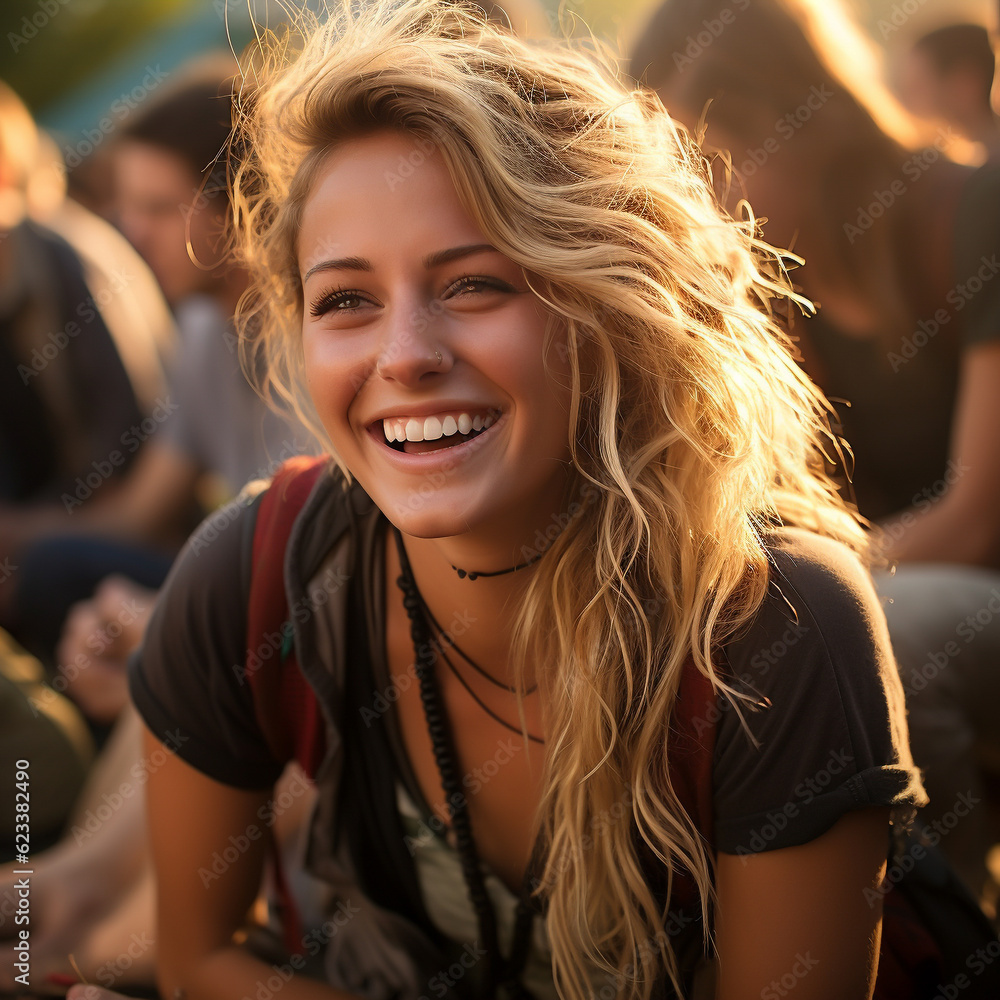 © Steffen Kögler - Young blonde woman or teenager at outdoor festival or concert - Celebration, youth and freedom theme - Generative AI