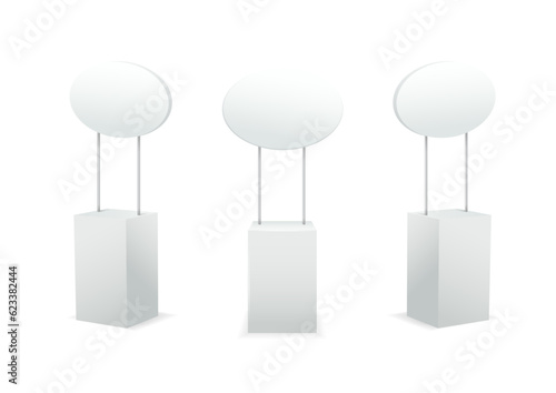 Advertising promotional stands. Realistic modern simple rack or counters multiple promotional desk with sign top clean empty promo tables with signboard white mockup. Vector