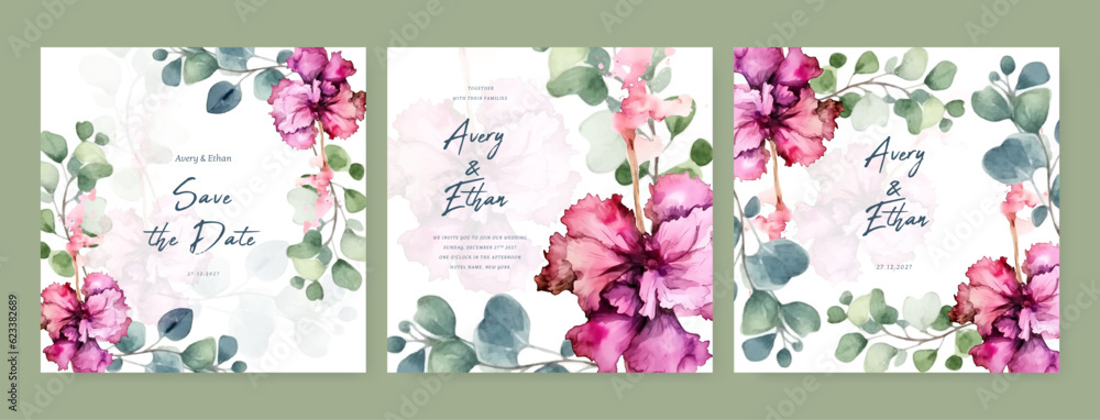 Watercolor wedding invitation template with rust flower dried floral and leaves decoration