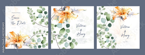 Vászonkép Wedding invitation template with floral and leaves decoration
