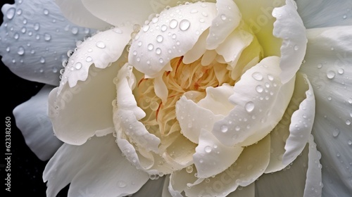 White Peony flowers with water drops background. Closeup of blossom with glistening droplets. Generative AI