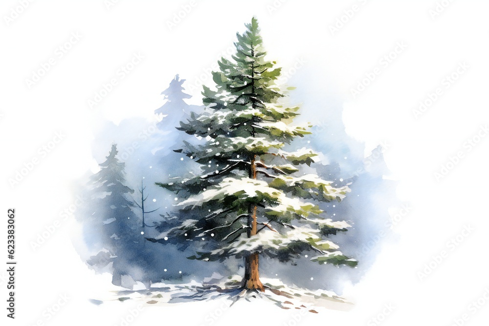 Fototapeta premium Watercolor snowy pine tree on white background Generative AI