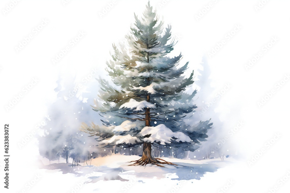 Watercolor snowy pine tree on white background Generative AI