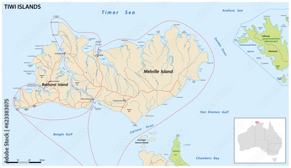 Vector road map of the North Australian Tiwi Islands