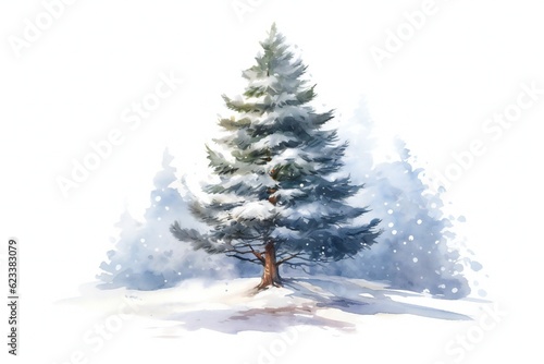 Watercolor snowy pine tree on white background Generative AI © LayerAce.com