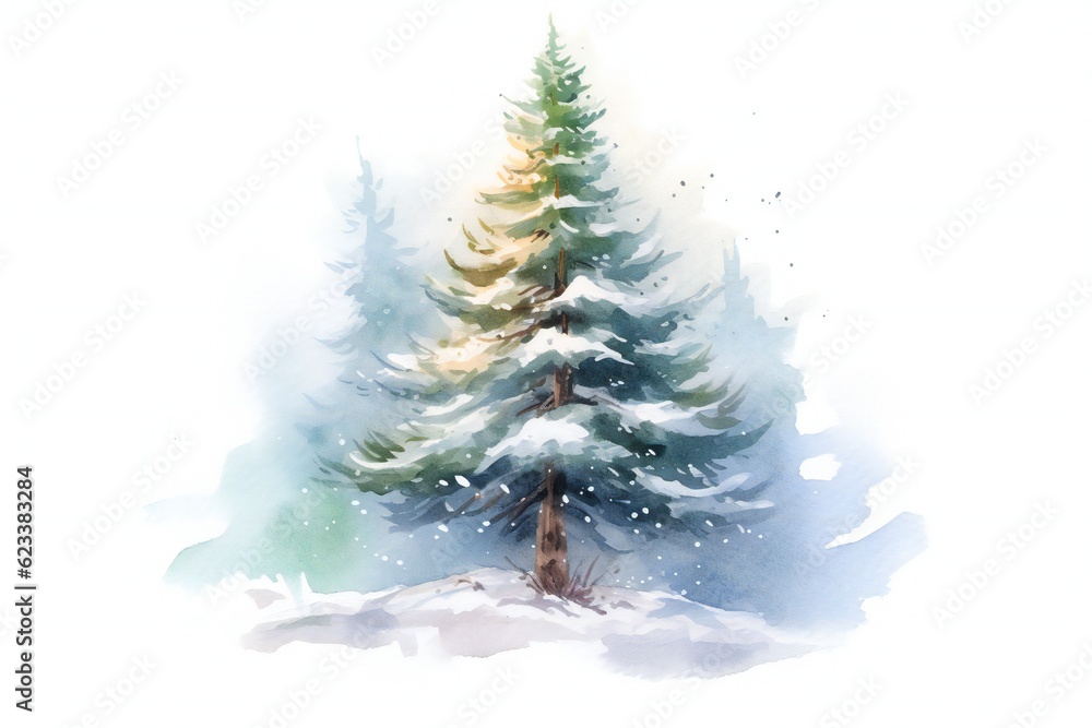Fototapeta premium Watercolor snowy pine tree on white background Generative AI