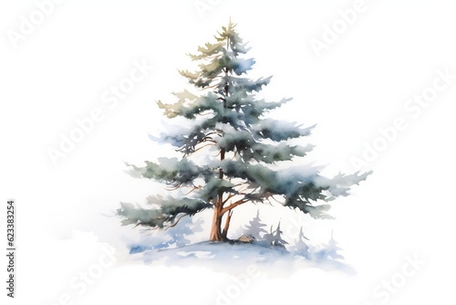 Watercolor snowy pine tree on white background Generative AI © LayerAce.com