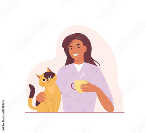 Happy woman sitting with cat and holding coffee cup. Daily life
