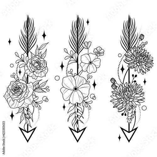 Set of arrows with flowers, branches with leaves, feathers, simple doodle drawing, gravure style. Tattoo on your whole. Coloring book.