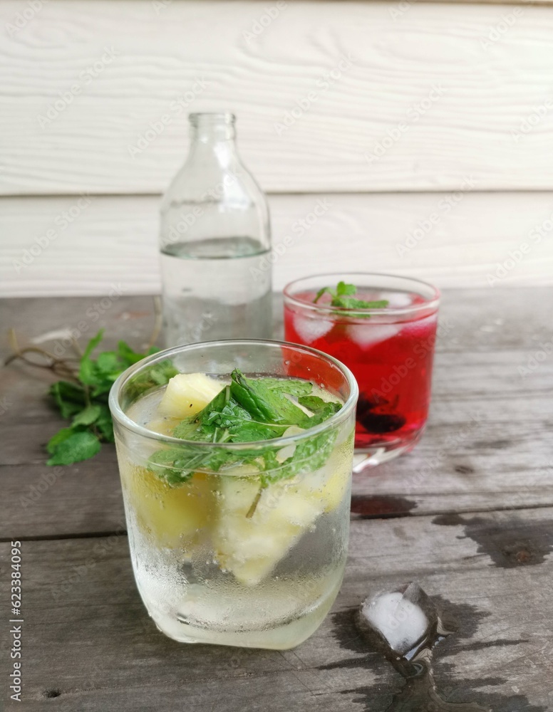 Blurred of summer soft drink pineapple and fruit mix berry Blurred of summer soft drink pineapple and fruit mix berry
