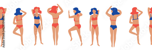 Vector hand drawn seamless horizontal pattern with female silhouette in bikini. Summer sea print. Sketch girl in swimsuit, woman on the beach, pool. Vector cartoon simple style illustration. Doodle 