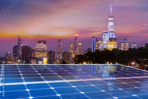 Solar panel over cityscapes  solar power green energy for life concept 