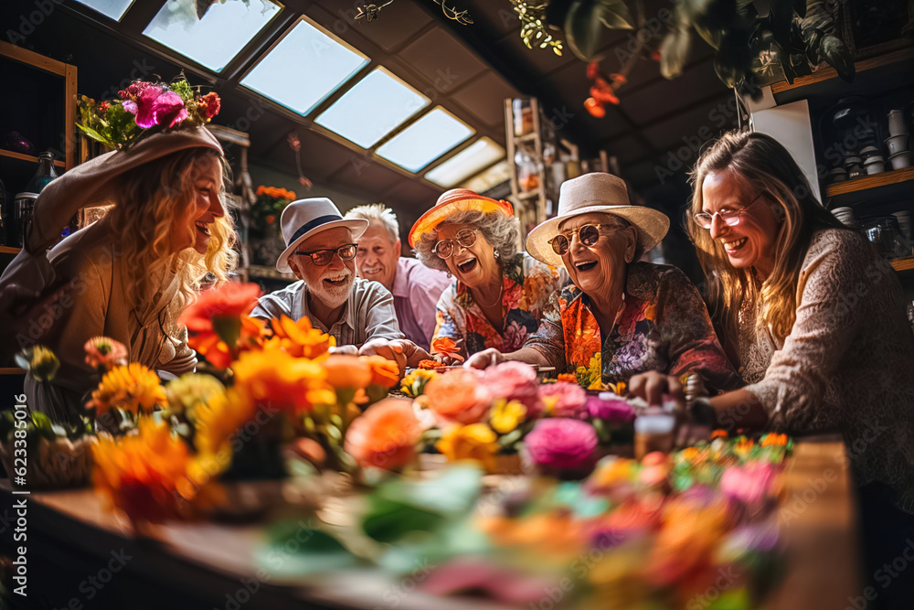 Happy pensioners gathered at the table in the country. Generative AI Happy pensioners gathered at the table in the country. Generative AI