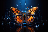 Butterfly over water with splashes on a black background