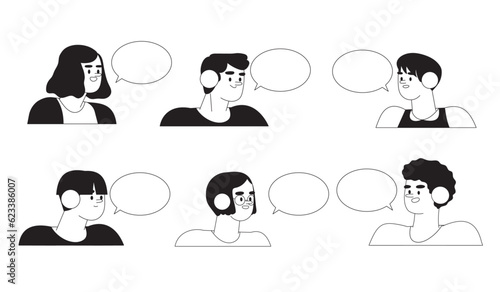 Set of business people, employees or office worker for social media, ui, web avatars or icons. Diverse character portrait with speech bubbles collection in minimalistic black and white line style.