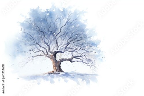 Watercolor snowy tree on white background Generative AI