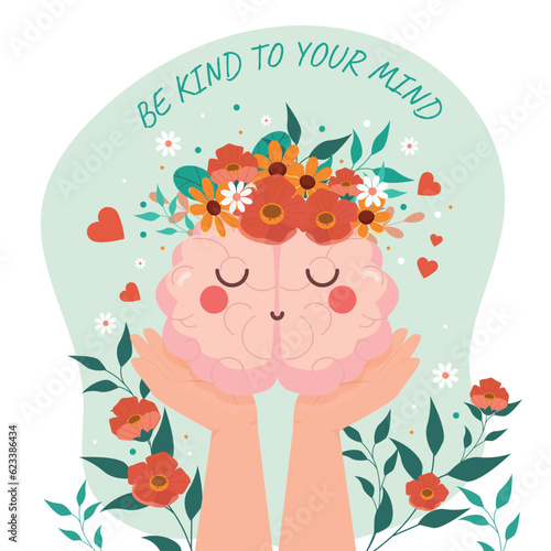 Mental Health Awareness Concept with Two Hands Carrying Cute Brain