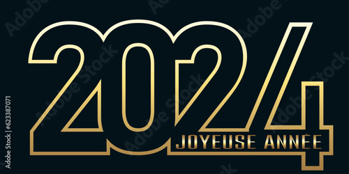 carte ou bandeau pour souhaiter une  joyeuse année 2024 en or dans  sur un fond noir 